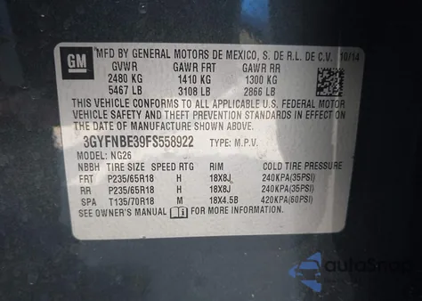 2015 Cadillac Srx Luxury Collection z USA, uszkodzony, nr VIN 3GYFNBE39FS558922